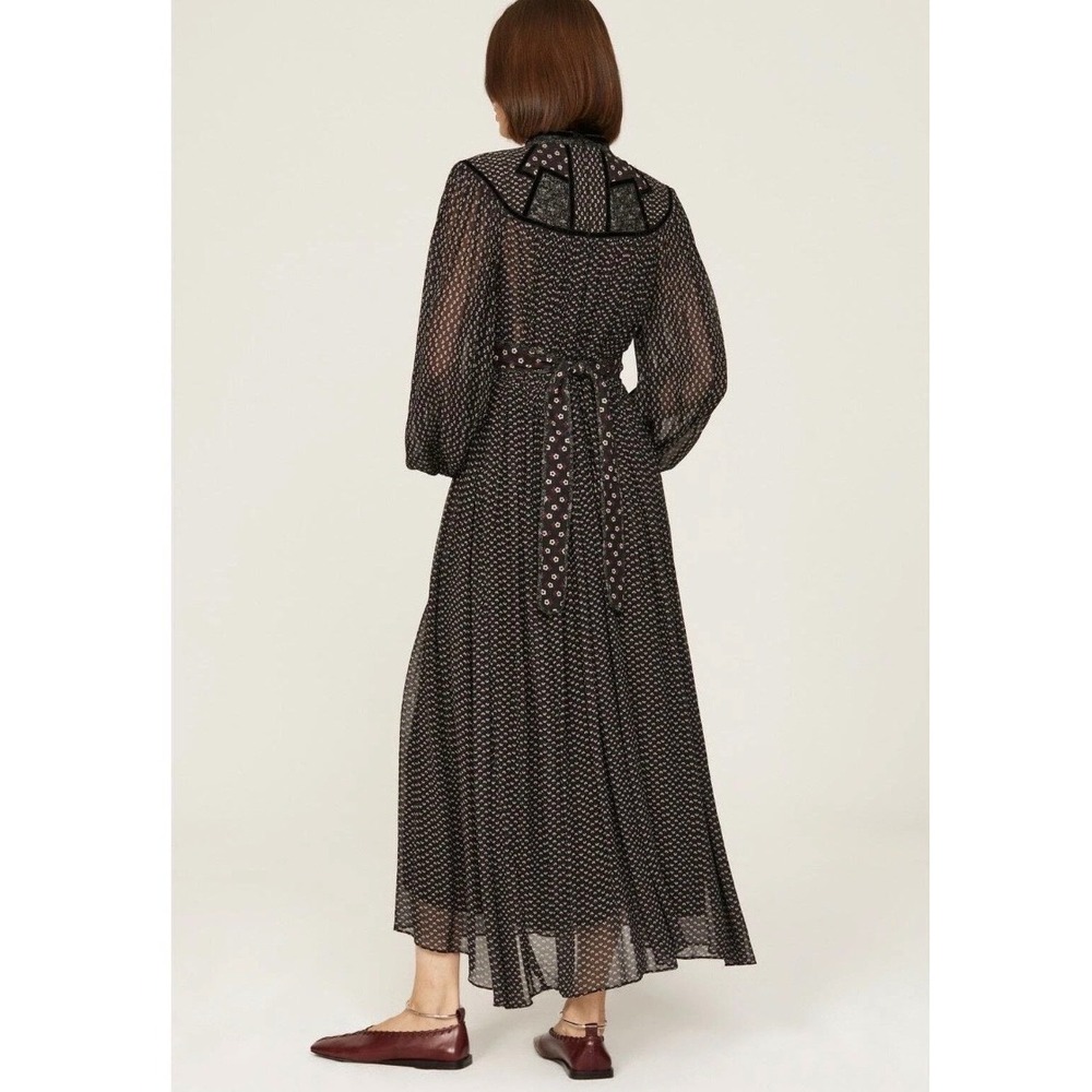 Sea New York Quilted Bib Floral Midi Dress Black Velvet Trim Long Sleeve Small - Picture 2 of 8